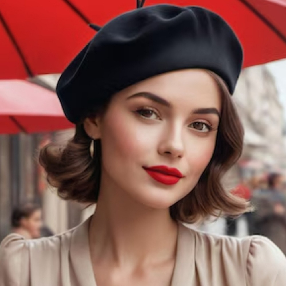 Women's Wool Knit black French beret hat minimalist Classic‎ Winter